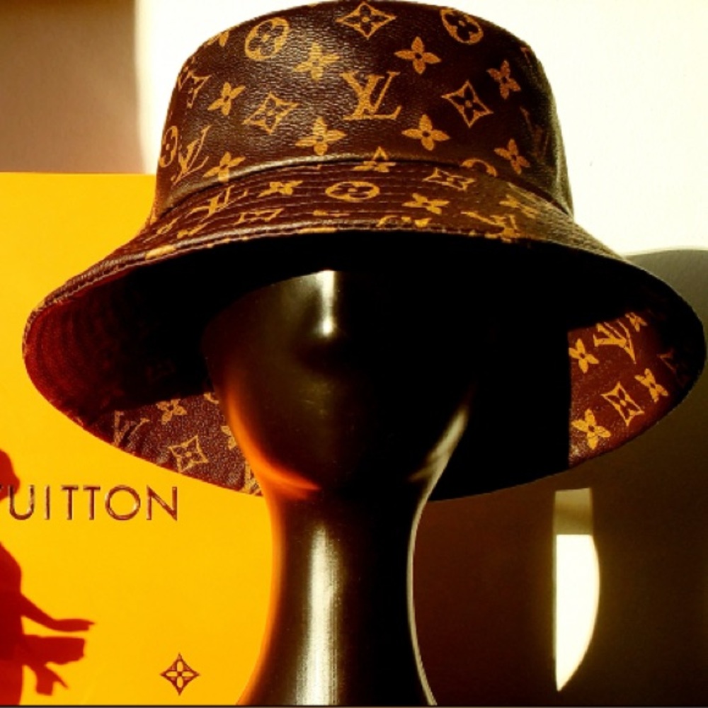 Louis Vuitton LV Brown Calf Skin Leather Monogram Jacquard Brown Bucket Hat - Picture 15 of 16